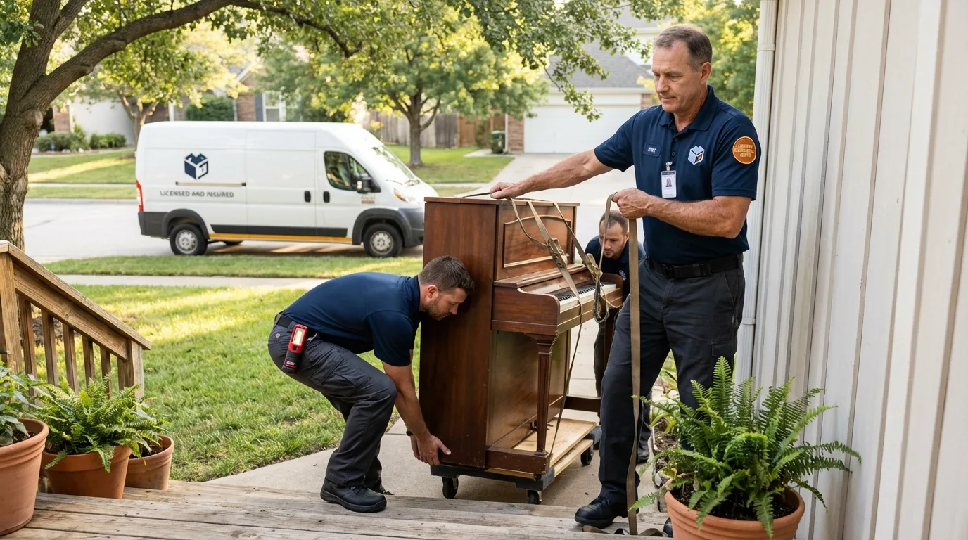 Licensed piano movers securing grand piano in Washington, GA