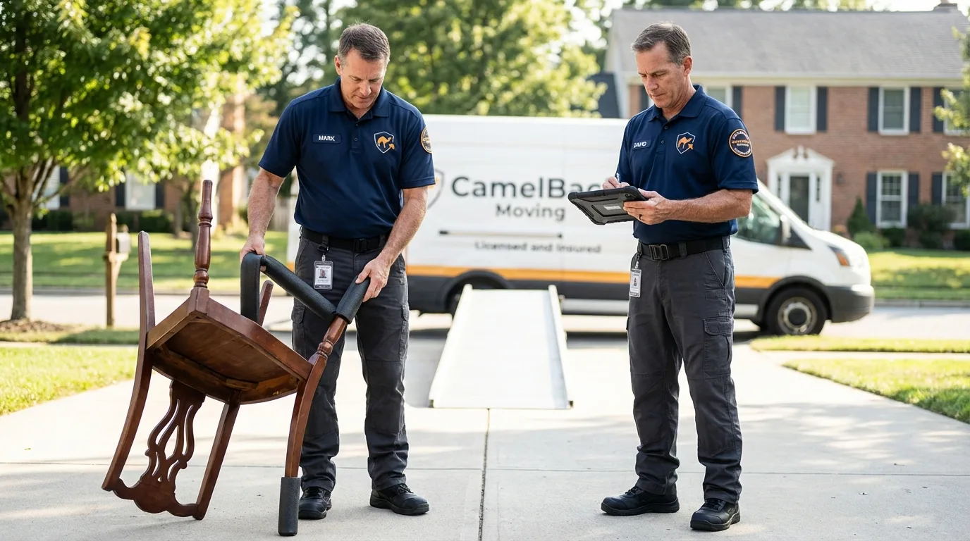 Movers inspecting furniture for damage prevention before loading in Washington, GA