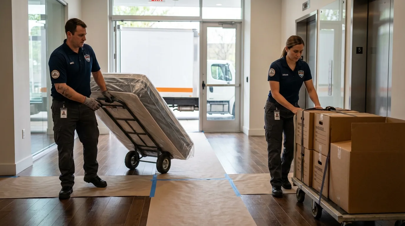 Professional apartment movers loading elevator in Washington, GA